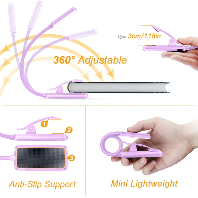Alt view image 5 of 7 - 9 LED Rechargeable Book Light for Reading in Bed Eye Caring 3 Color Temps,Stepless Dimming Brightness,80 Hrs Runtime Small Lightweight Clip On Book Reading Light-Purple