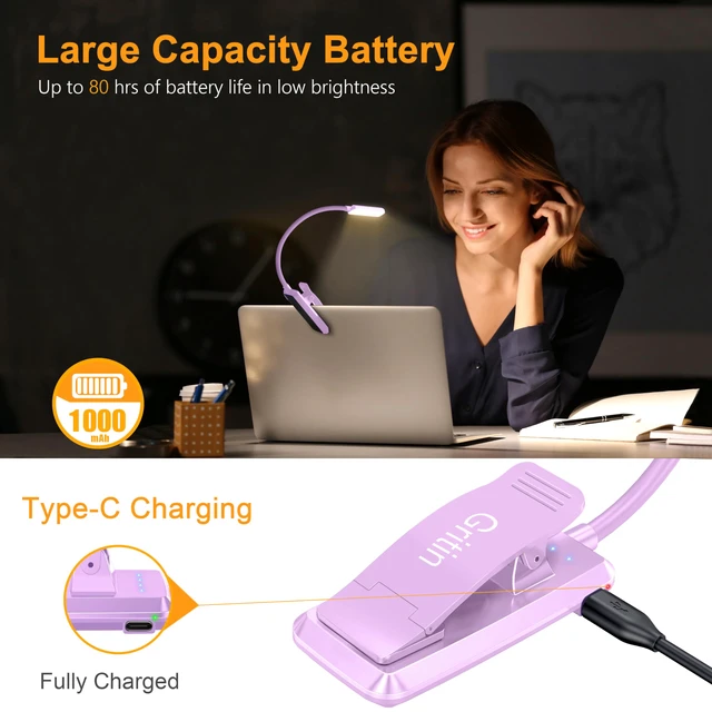 Alt view image 4 of 7 - 9 LED Rechargeable Book Light for Reading in Bed Eye Caring 3 Color Temps,Stepless Dimming Brightness,80 Hrs Runtime Small Lightweight Clip On Book Reading Light-Purple