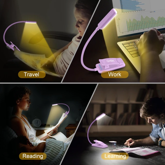 Alt view image 7 of 7 - 9 LED Rechargeable Book Light for Reading in Bed Eye Caring 3 Color Temps,Stepless Dimming Brightness,80 Hrs Runtime Small Lightweight Clip On Book Reading Light-Purple
