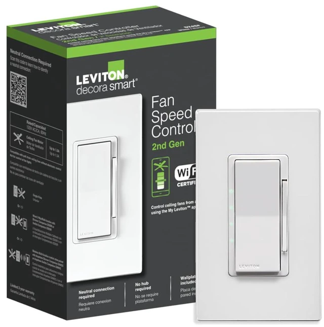 Main image of Decora Smart Fan Speed Controller, Wi-Fi 2nd Gen, Neutral Wire Required, Works with My, Alexa, Google Assistant, Apple Home/Siri & Wired or Wire-Free 3-Way, D24SF-1RW, White