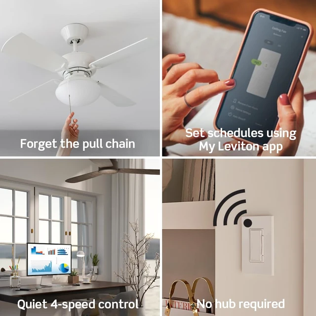 Alt view image 3 of 7 - Decora Smart Fan Speed Controller, Wi-Fi 2nd Gen, Neutral Wire Required, Works with My, Alexa, Google Assistant, Apple Home/Siri & Wired or Wire-Free 3-Way, D24SF-1RW, White