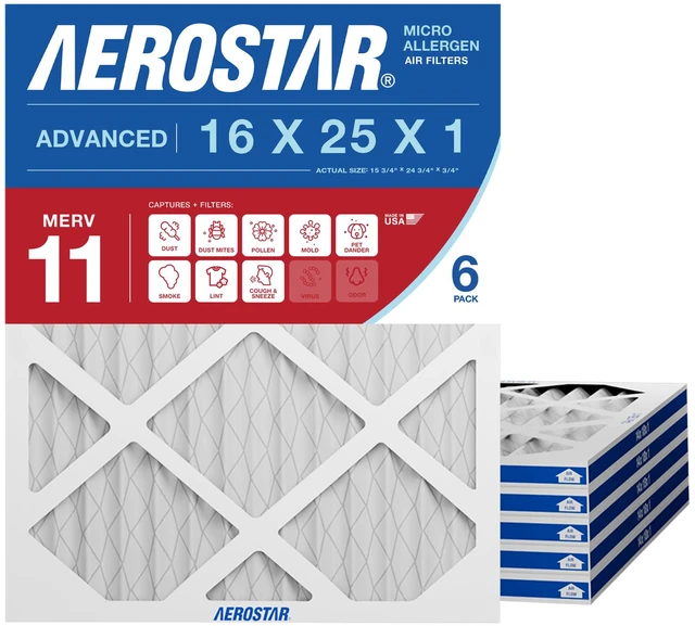 Main image of Air Filter 16x25x1 MERV 11 AC Filter, HVAC, Furnace Filter, 6 Pack ACTUAL SIZE (15.75 x 24.75 x 0.75) AC Filter, Furnace Filter, Dust, Pet Dander, Smoke & Allergies MERV 11 (MPR 1200 / FPR 7)