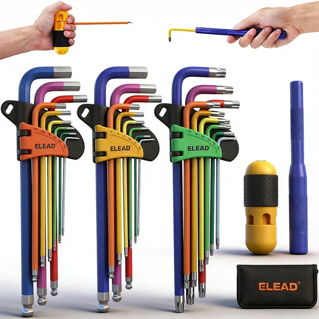 Main image of 29-Piece Hex & Torx Key Set: Rainbow Colored Allen Wrench Set, SAE(1/16"-3/8") & Metric(1.5mm-10mm) & Torx(T10-T50), Long Arm Ball End, Allen Keys with T-Handle and Extension Bar