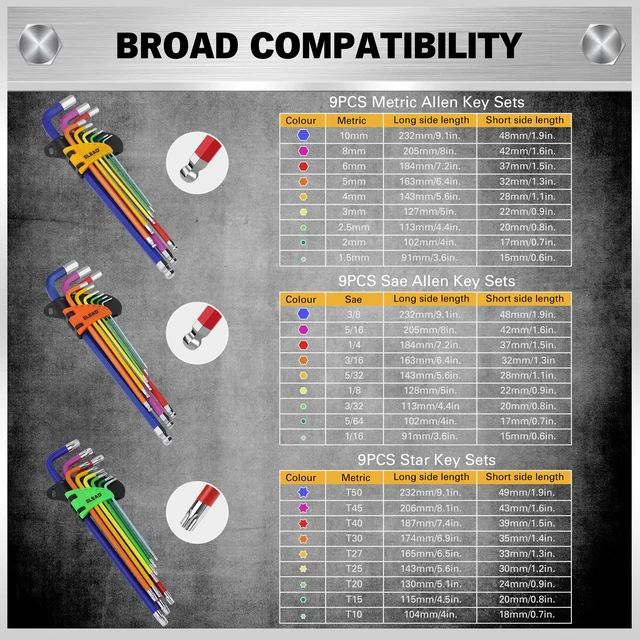 Alt view image 2 of 7 - 29-Piece Hex & Torx Key Set: Rainbow Colored Allen Wrench Set, SAE(1/16"-3/8") & Metric(1.5mm-10mm) & Torx(T10-T50), Long Arm Ball End, Allen Keys with T-Handle and Extension Bar