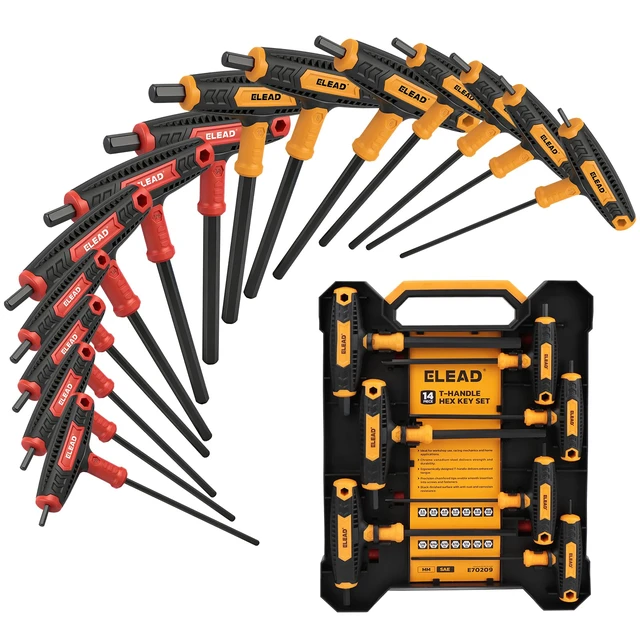 Main image of 14-Piece T-handle Allen Wrench Set, Metric 2.5mm-10mm & SAE 1/8"-3/8" Portable Hex Key, Long Arm Allen Key Set with Storage Box for Basic Home Repair and Mechanical Maintenance