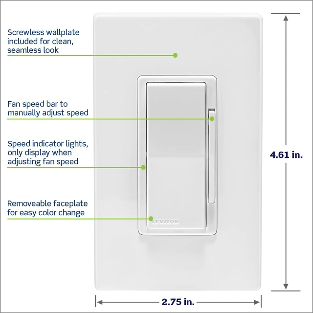 Alt view image 5 of 7 - Decora Smart Fan Speed Controller, Wi-Fi 2nd Gen, Neutral Wire Required, Works with My, Alexa, Google Assistant, Apple Home/Siri & Wired or Wire-Free 3-Way, D24SF-1RW, White