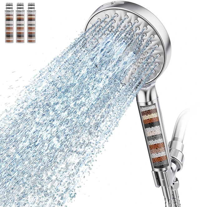 Main image of Filtered Shower Head with Handheld High Pressure 9 Spray Mode Showerhead Detachable Shower Head Water Softener Filters Beads for Hard Water Remove Chlorine 4 Filters Chrome