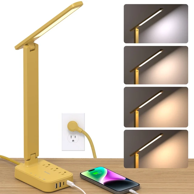 Main image of LED Desk Lamp, Power Strip with 3 Outlets 4 USB Charging Ports(2 USBC), 4 Modes 5 Level Brightness Touch Lamp, Small Desk Lamp for Home Office College Dorm Room Essentials, Yellow