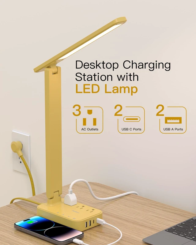 Alt view image 2 of 7 - LED Desk Lamp, Power Strip with 3 Outlets 4 USB Charging Ports(2 USBC), 4 Modes 5 Level Brightness Touch Lamp, Small Desk Lamp for Home Office College Dorm Room Essentials, Yellow