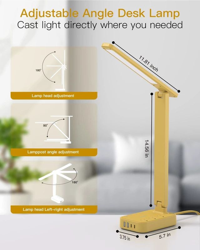 Alt view image 4 of 7 - LED Desk Lamp, Power Strip with 3 Outlets 4 USB Charging Ports(2 USBC), 4 Modes 5 Level Brightness Touch Lamp, Small Desk Lamp for Home Office College Dorm Room Essentials, Yellow