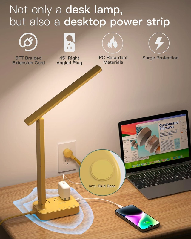 Alt view image 5 of 7 - LED Desk Lamp, Power Strip with 3 Outlets 4 USB Charging Ports(2 USBC), 4 Modes 5 Level Brightness Touch Lamp, Small Desk Lamp for Home Office College Dorm Room Essentials, Yellow