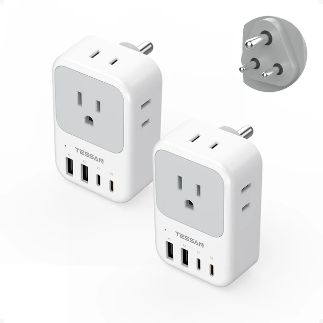 Main image of US to India Plug Adapter 2 Pack, PD 20W Type D Travel Adapter 4 AC Outlets, 4 USB Ports (2 USB C), USA to Bangladesh Nepal Maldives Pakistan Yemen