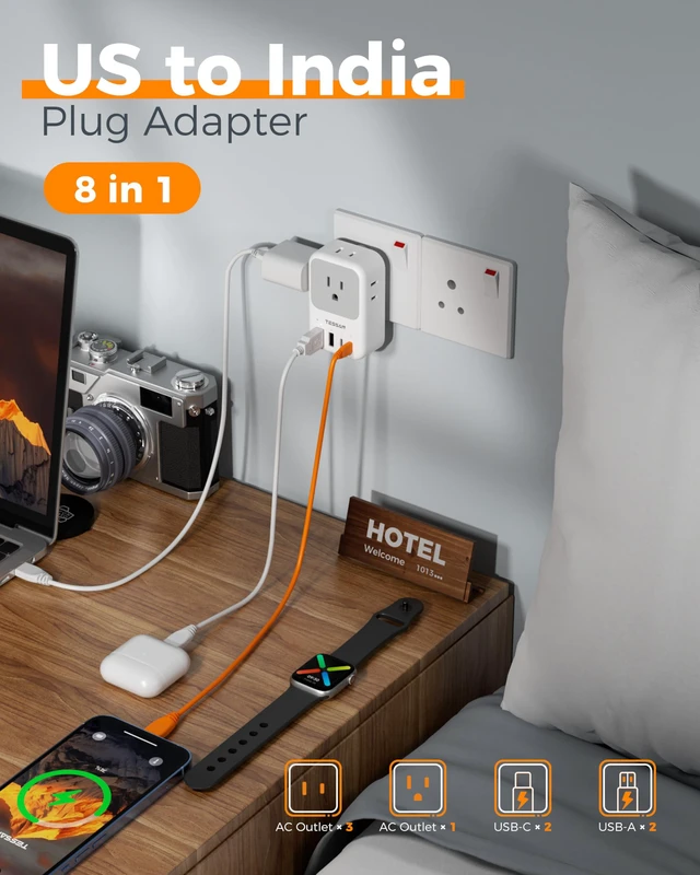 Alt view image 4 of 7 - US to India Plug Adapter 2 Pack, PD 20W Type D Travel Adapter 4 AC Outlets, 4 USB Ports (2 USB C), USA to Bangladesh Nepal Maldives Pakistan Yemen