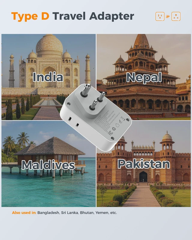 Alt view image 2 of 7 - US to India Plug Adapter 2 Pack, PD 20W Type D Travel Adapter 4 AC Outlets, 4 USB Ports (2 USB C), USA to Bangladesh Nepal Maldives Pakistan Yemen