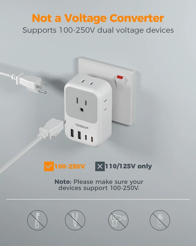 Alt view image 5 of 7 - US to India Plug Adapter 2 Pack, PD 20W Type D Travel Adapter 4 AC Outlets, 4 USB Ports (2 USB C), USA to Bangladesh Nepal Maldives Pakistan Yemen