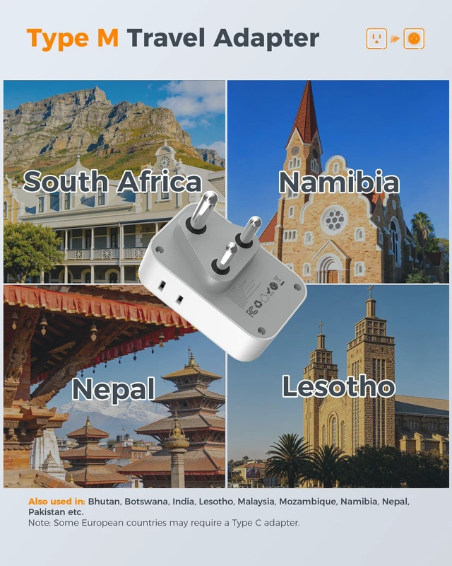 Alt view image 2 of 7 - South Africa Travel Plug Adapter 2 Pack, PD 20W Type M Adapter 4 AC Outlets, 4 USB Ports (2 USB C), South Africa Power Adapter, US to Nepal Botswana Namibia Bhutan