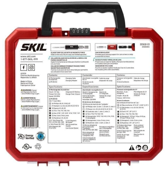 Alt view image 6 of 7 - Rechargeable 4V Cordless Pistol Grip Screwdriver with 42pcs Bit Set, USB Charger and Carrying Case - SD5618-03