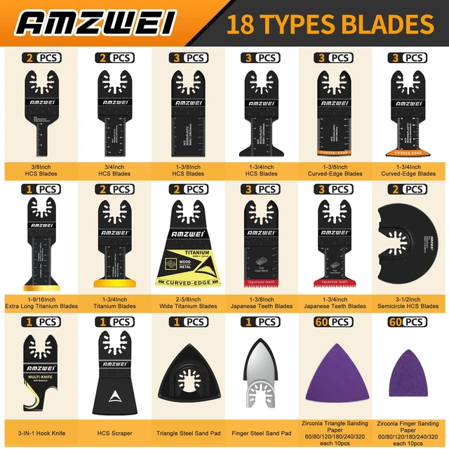Alt view image 2 of 7 - 153PCS Upgraded Multitool Blades Oscillating Tool Accessories with Sandpaper, Hook Knife, Titanium Blades for Wood Metal Plastic Cutting, Compatible with Dewalt Ryobi Milwaukee Rockwell