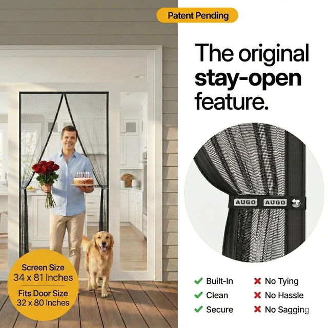 Alt view image 3 of 7 - Magnetic Screen Door - Self Sealing, Heavy Duty, Hands Free Mesh Partition Keeps Bugs Out - Pet and Kid Friendly - Patent Pending Keep Open Feature - 34 Inch x 81 Inch
