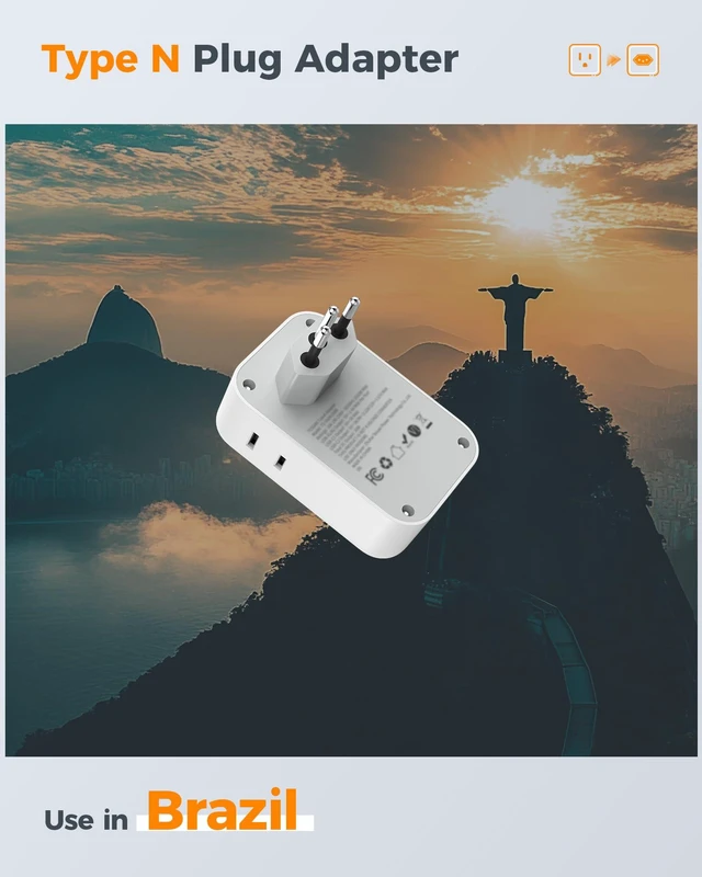Alt view image 2 of 7 - 2 Pack Type N Plug Adapter Brazil for Travel 4 AC Outlets, 4 USB Ports (2 USB C), Type N Adapter For US to Brazilian Brasil