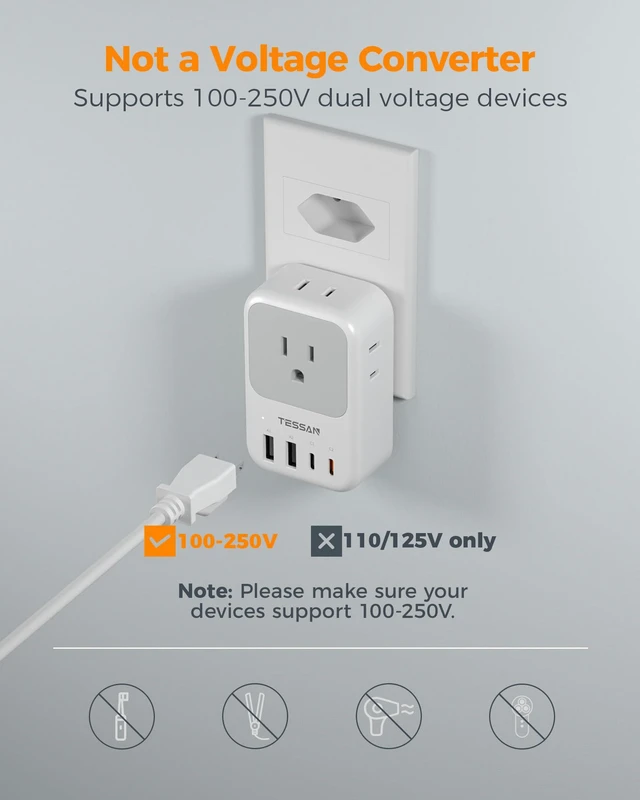 Alt view image 5 of 7 - 2 Pack Type N Plug Adapter Brazil for Travel 4 AC Outlets, 4 USB Ports (2 USB C), Type N Adapter For US to Brazilian Brasil