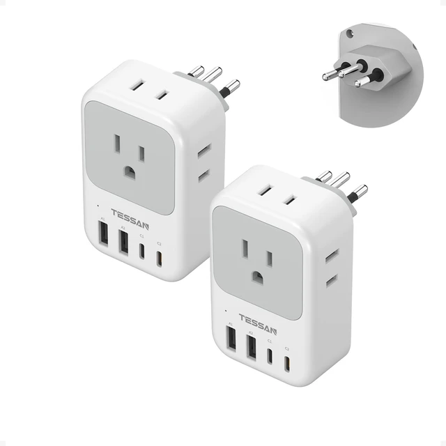 Main image of 2 Pack Type N Plug Adapter Brazil for Travel 4 AC Outlets, 4 USB Ports (2 USB C), Type N Adapter For US to Brazilian Brasil