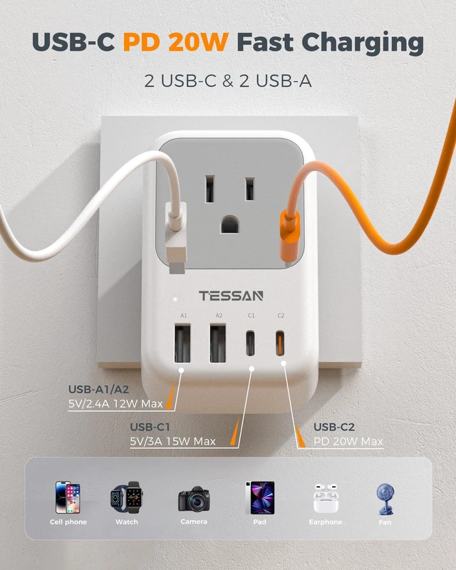 Alt view image 3 of 7 - 2 Pack Type N Plug Adapter Brazil for Travel 4 AC Outlets, 4 USB Ports (2 USB C), Type N Adapter For US to Brazilian Brasil