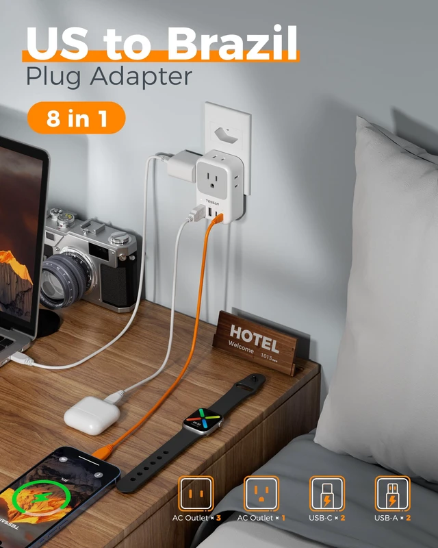 Alt view image 4 of 7 - 2 Pack Type N Plug Adapter Brazil for Travel 4 AC Outlets, 4 USB Ports (2 USB C), Type N Adapter For US to Brazilian Brasil