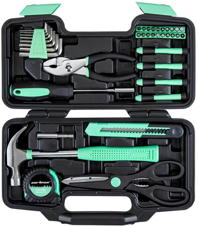 Main image of 39-Piece Household Tool Set, Green Hand Kit With Storage Case Complete assortment for home repairs, DIY projects, furniture setup, crafting, and daily household fixes in toolbox