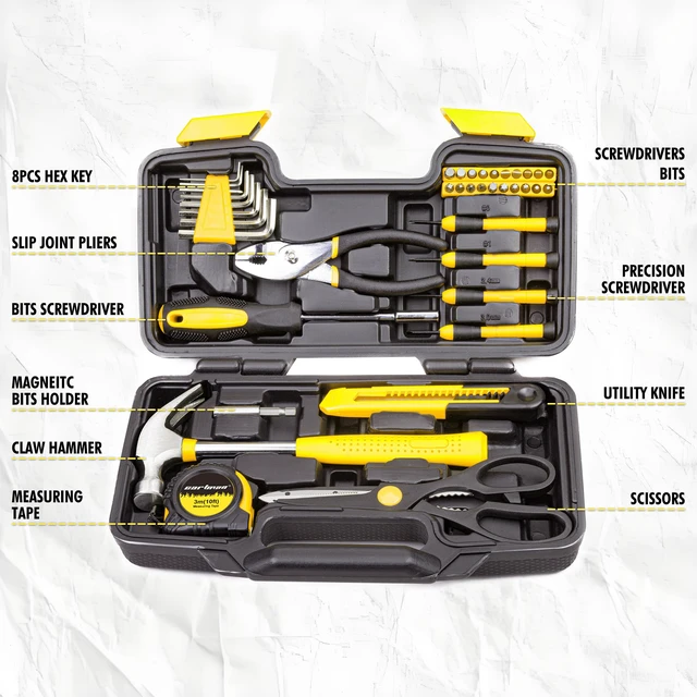 Alt view image 2 of 7 - 39-Piece Household Tool Set, Yellow Hand Kit With Storage Case Complete assortment for home repairs, DIY projects, furniture setup, crafting, and daily household fixes in toolbox