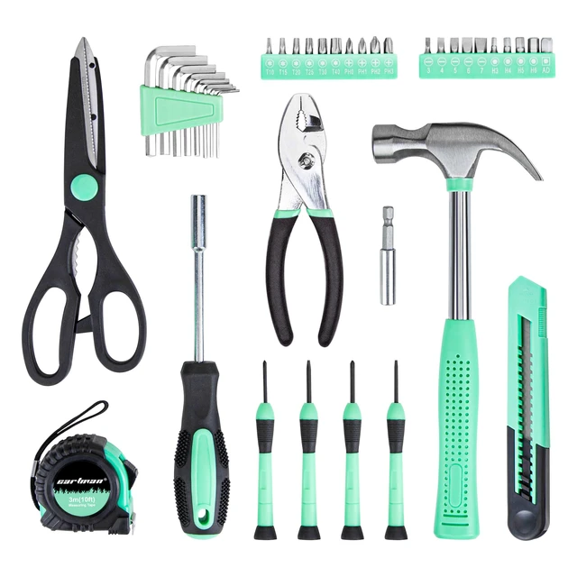 Alt view image 2 of 7 - 39-Piece Household Tool Set, Green Hand Kit With Storage Case Complete assortment for home repairs, DIY projects, furniture setup, crafting, and daily household fixes in toolbox