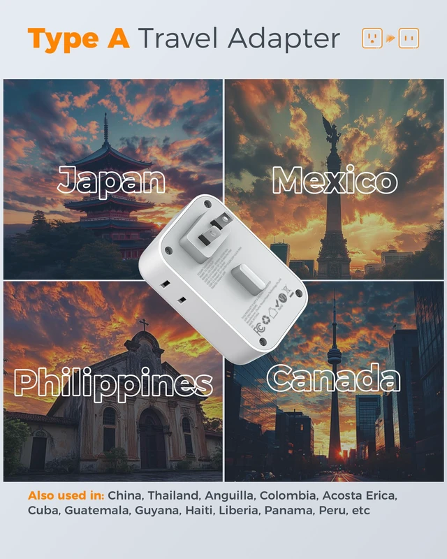 Alt view image 2 of 7 - US to Japan Plug Adapter 2 Pack, 2 Prong to 3 Prong Outlet Adapter PD 20W, 4 AC Outlets, 4 USB Ports (2 USB C), USA to Japan China Mexico Philippines Canada Peru Thailand Vietnam