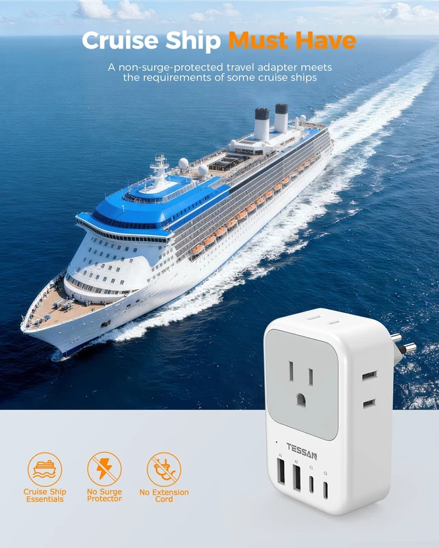Alt view image 7 of 7 - 2 Pack Type N Plug Adapter Brazil for Travel 4 AC Outlets, 4 USB Ports (2 USB C), Type N Adapter For US to Brazilian Brasil