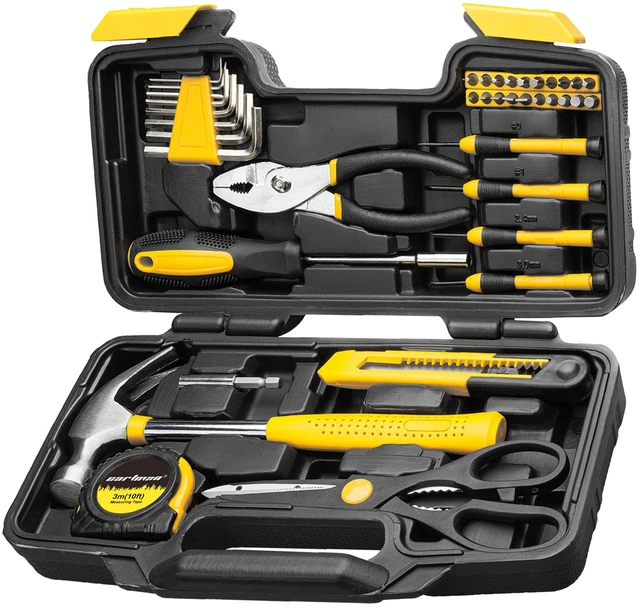 Main image of 39-Piece Household Tool Set, Yellow Hand Kit With Storage Case Complete assortment for home repairs, DIY projects, furniture setup, crafting, and daily household fixes in toolbox