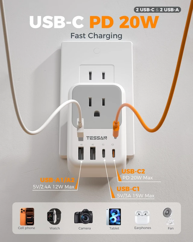 Alt view image 3 of 7 - US to Japan Plug Adapter 2 Pack, 2 Prong to 3 Prong Outlet Adapter PD 20W, 4 AC Outlets, 4 USB Ports (2 USB C), USA to Japan China Mexico Philippines Canada Peru Thailand Vietnam