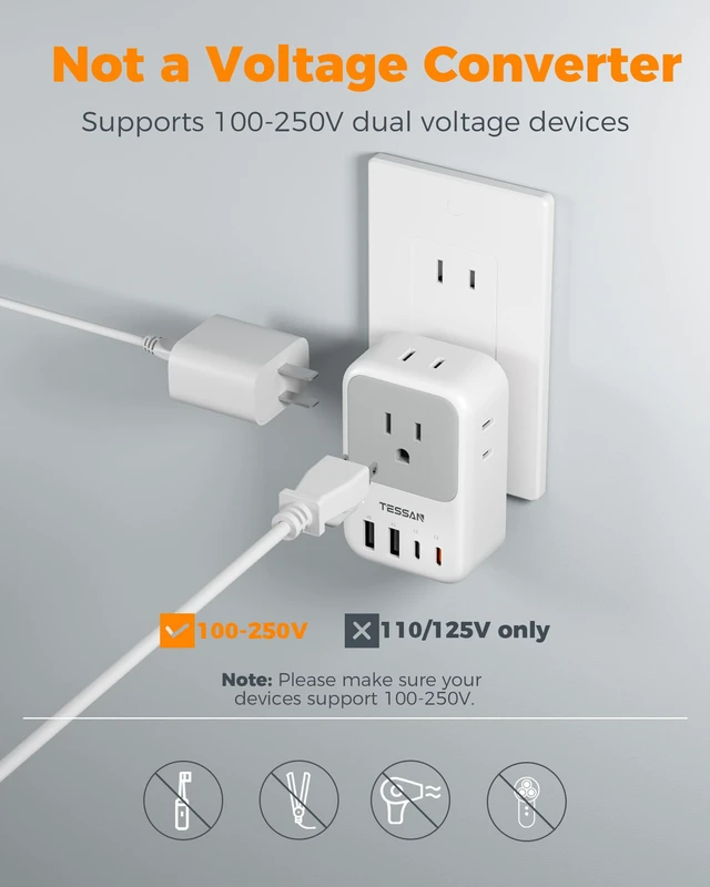 Alt view image 5 of 7 - US to Japan Plug Adapter 2 Pack, 2 Prong to 3 Prong Outlet Adapter PD 20W, 4 AC Outlets, 4 USB Ports (2 USB C), USA to Japan China Mexico Philippines Canada Peru Thailand Vietnam