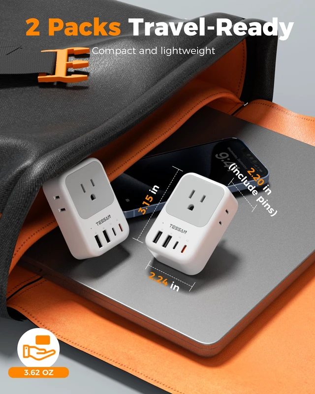 Alt view image 6 of 7 - US to Japan Plug Adapter 2 Pack, 2 Prong to 3 Prong Outlet Adapter PD 20W, 4 AC Outlets, 4 USB Ports (2 USB C), USA to Japan China Mexico Philippines Canada Peru Thailand Vietnam