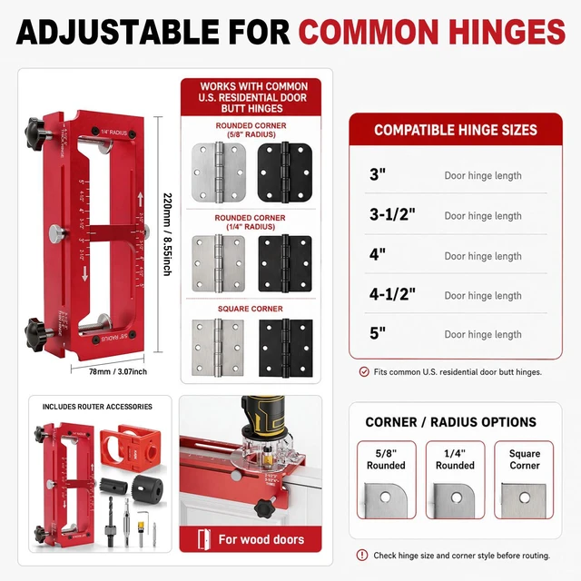 Alt view image 2 of 7 - Door Hinge Mortise Jig & Lock Installation Kit for Interior Wood Doors Aluminum alloy router template kit for hinge mortising 2.5"5" length, door hole drilling kit for 1-3/8" & 1-3/4" thick doors