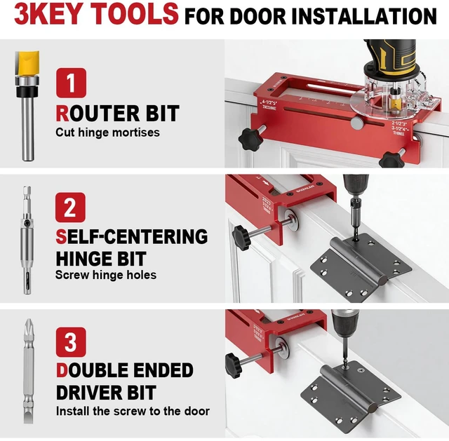 Alt view image 3 of 7 - Door Hinge Mortise Jig & Lock Installation Kit for Interior Wood Doors Aluminum alloy router template kit for hinge mortising 2.5"5" length, door hole drilling kit for 1-3/8" & 1-3/4" thick doors