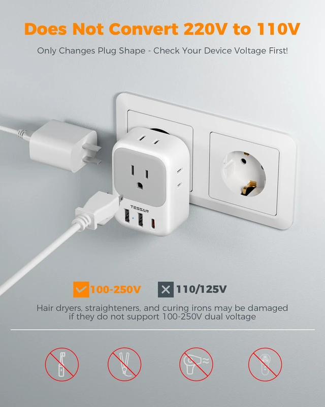 Alt view image 2 of 7 - European Travel Plug Adapter 3 Pack, US to Europe Plug Adapter Not A Voltage Converter, PD 20W, 4 AC 3 USB Ports, Type C Power Adaptor, USA to EU Euro Spain France Italy Greece