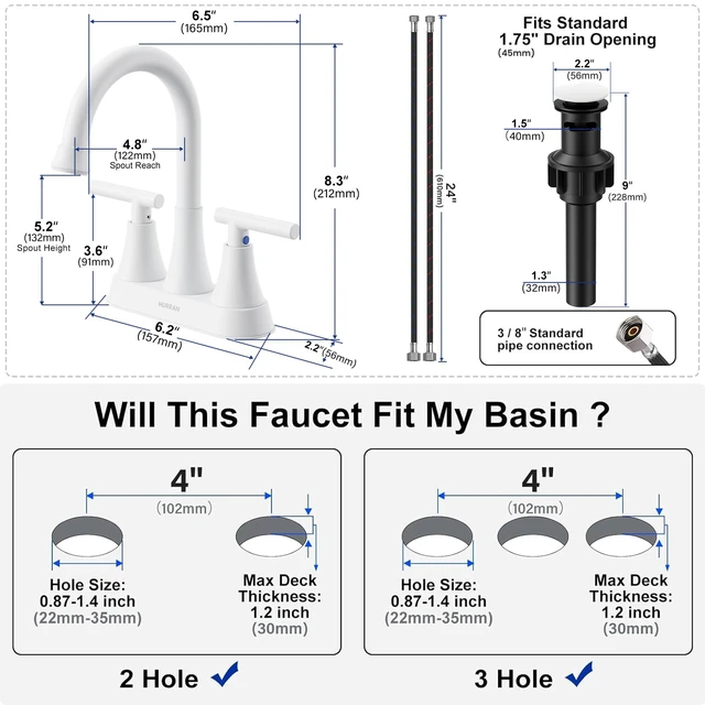 Alt view image 5 of 7 - Bathroom Faucet, 4 inch Centerset 2-Handle Lead-Free, White Bathroom Sink Faucet with Pop-up Drain and Supply Lines, Stainless Steel Faucet for Vanity RV Restroom Laundry Outdoor Sink