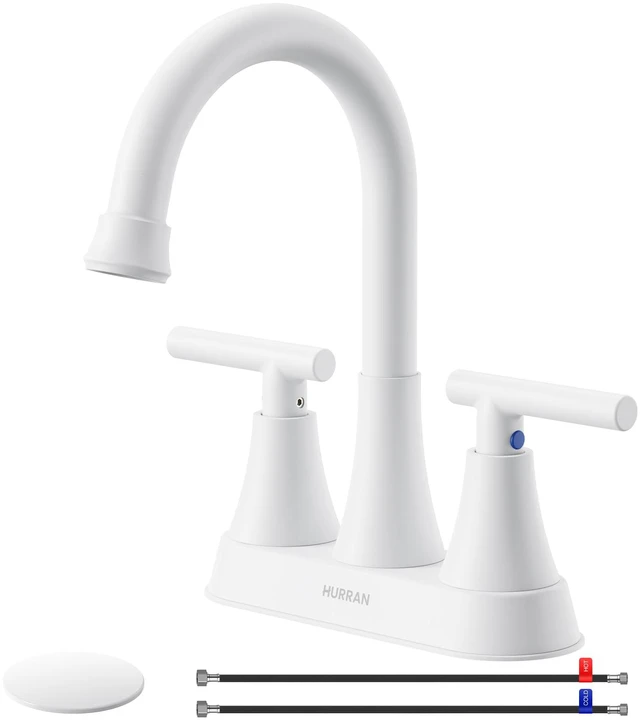 Main image of Bathroom Faucet, 4 inch Centerset 2-Handle Lead-Free, White Bathroom Sink Faucet with Pop-up Drain and Supply Lines, Stainless Steel Faucet for Vanity RV Restroom Laundry Outdoor Sink