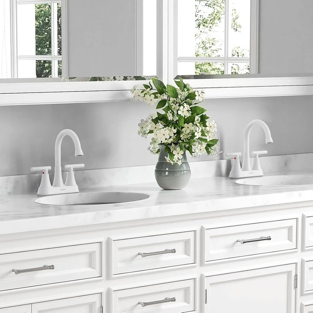 Alt view image 7 of 7 - Bathroom Faucet, 4 inch Centerset 2-Handle Lead-Free, White Bathroom Sink Faucet with Pop-up Drain and Supply Lines, Stainless Steel Faucet for Vanity RV Restroom Laundry Outdoor Sink