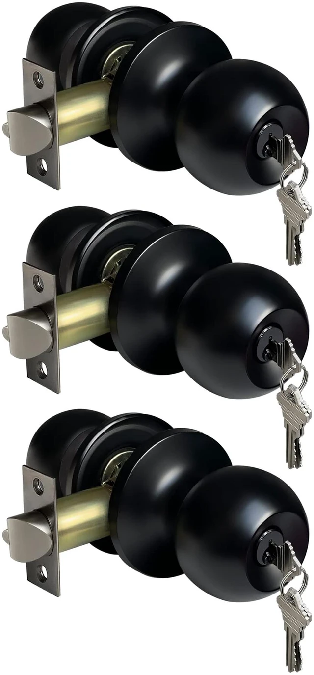 Main image of 3 Pack Entry Door Knob with Lock, Keyed Different, Matte Black Entrance Door Lock, Standard Ball