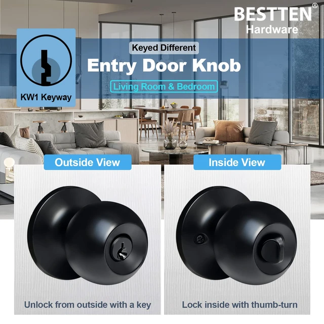 Alt view image 3 of 7 - 5 Pack Door Knob with Lock and Key, Keyed Different, Matte Black Entry Door Knob, for Entrance and Front Door
