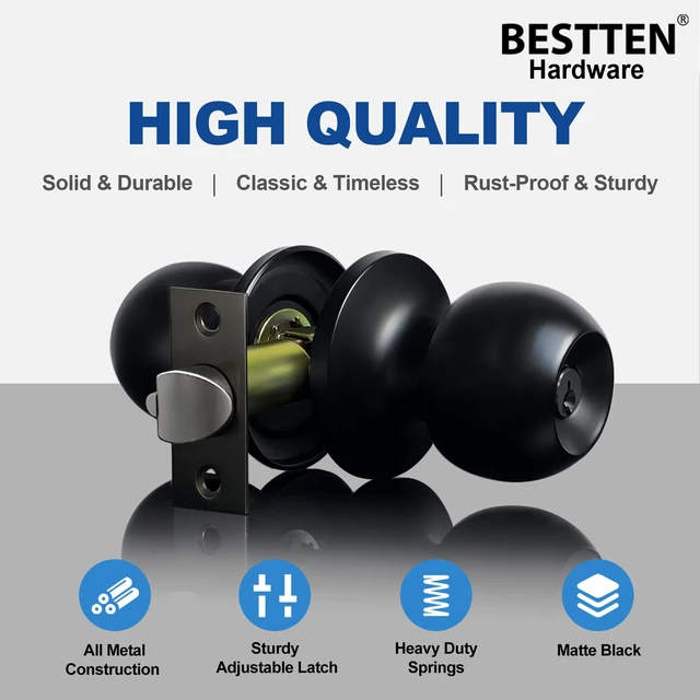 Alt view image 5 of 7 - 3 Pack Entry Door Knob with Lock, Keyed Different, Matte Black Entrance Door Lock, Standard Ball