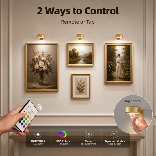 Alt view image 7 of 7 - Picture Lights for Wall, 2000mAh Rechargeable Battery Magnetic Poster Lights with 3 Color Temps & 12 RGB, Remote Dimmable Timer Painting Light, Wall Decor Light for Art Display, Frame (3 Pack)