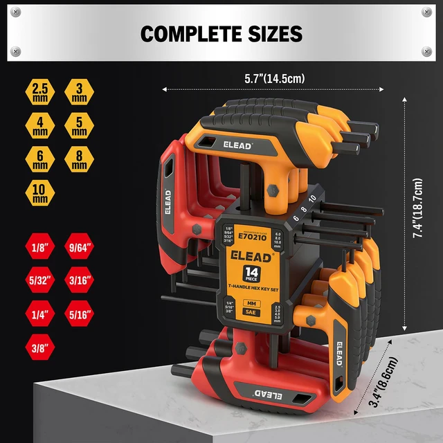 Alt view image 2 of 7 - 14-Piece T-handle Allen Wrench Set, Metric 2.5mm-10mm & SAE 1/8"-3/8" Portable Hex Key, Long Arm Allen Key Set with Storage Rack for Basic Home Repair and Mechanical Maintenance
