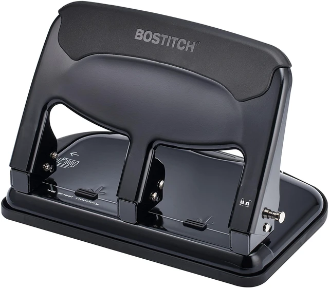 Main image of EZ Squeeze Heavy Duty 3 Hole Punch, 40 Sheet Capacity, Black EZ-Squeeze Technology, All-Metal Construction, Easy-to-Clean Tray, Keeps Documents Centered, Built for Years of Use