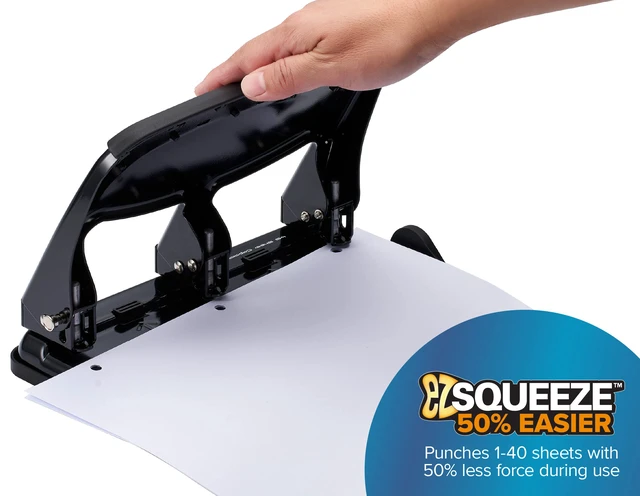Alt view image 2 of 7 - EZ Squeeze Heavy Duty 3 Hole Punch, 40 Sheet Capacity, Black EZ-Squeeze Technology, All-Metal Construction, Easy-to-Clean Tray, Keeps Documents Centered, Built for Years of Use